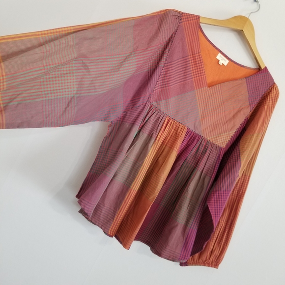 World Market Boho Checker Print Plaid Balloon Sleeve Blouse Size L/XL - Picture 2 of 8